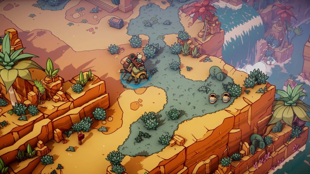 Official DuneCrawl screenshot with stylized canyon vegetation, broad rock shapes and a waterfall.