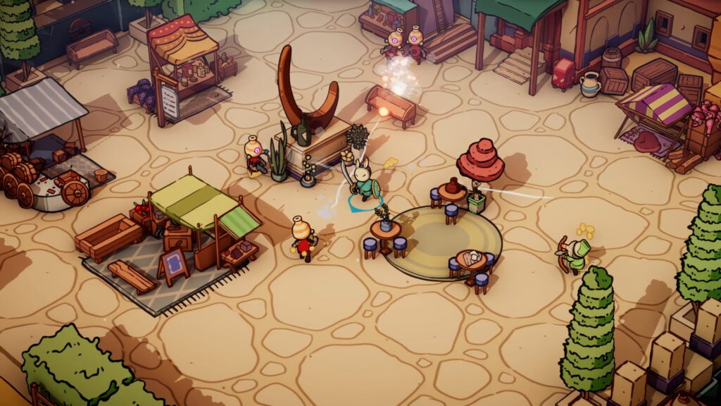 DuneCrawl marketplace with illustrated sandstone architecture, ink-like contours, colourful stalls and stylized foliage.