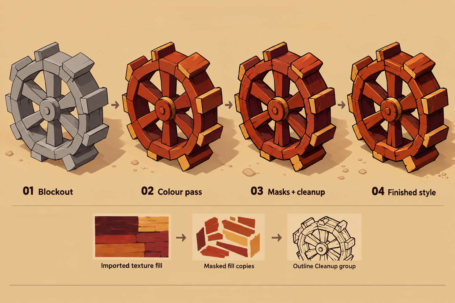 Illustrative waterwheel study with broad colour, local masks and outline refinement, shown as conceptual stages.