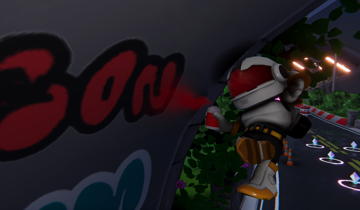 A Rocket Rumble character holding a spray can beside graffiti on the circuit track, with foliage, barriers and pickups behind it.