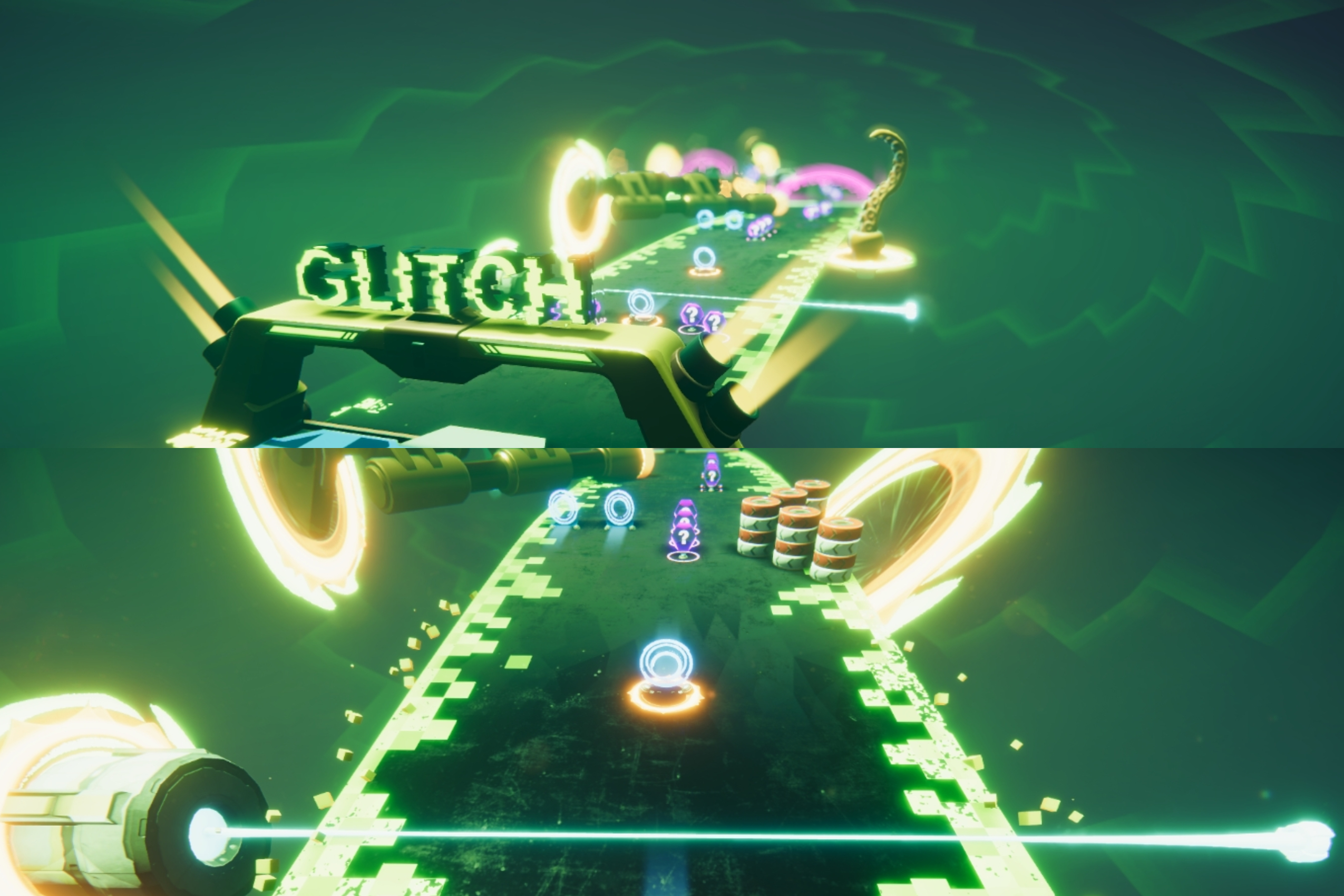 Two views of Rocket Rumble's green Glitch track with glowing portals, a tentacle, tire-stack obstacles and lasers.